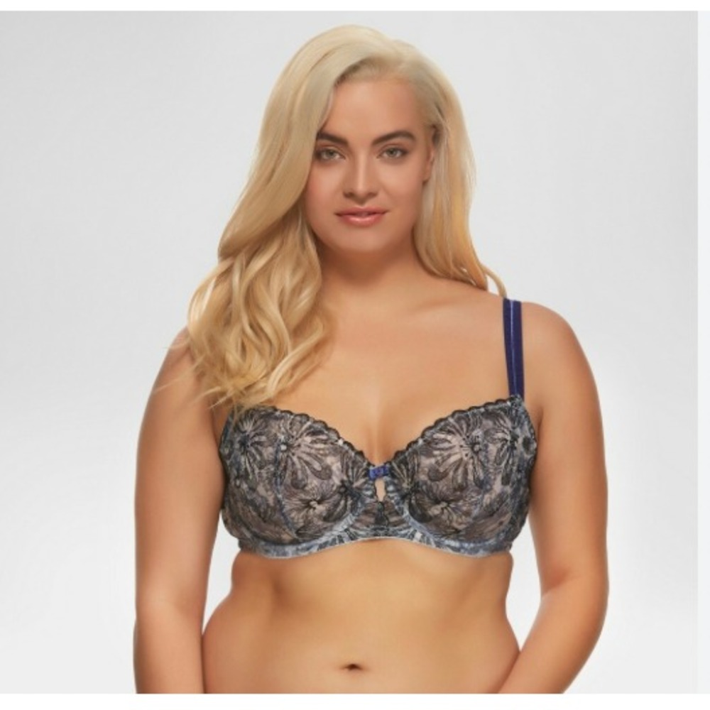 Paramour by Felina Ellie Unlined Demi Bra 32C Blue Floral Embroidery NWT